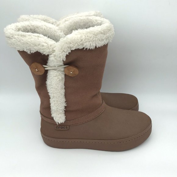 Crocs Modessa Faux Fur‎ Suede Button Tan White Tall Comfort Warm Boots Womens 6 - Picture 2 of 8
